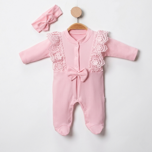 “Bow Blossom” Baby Onesie Set – Pink Lace & Headband