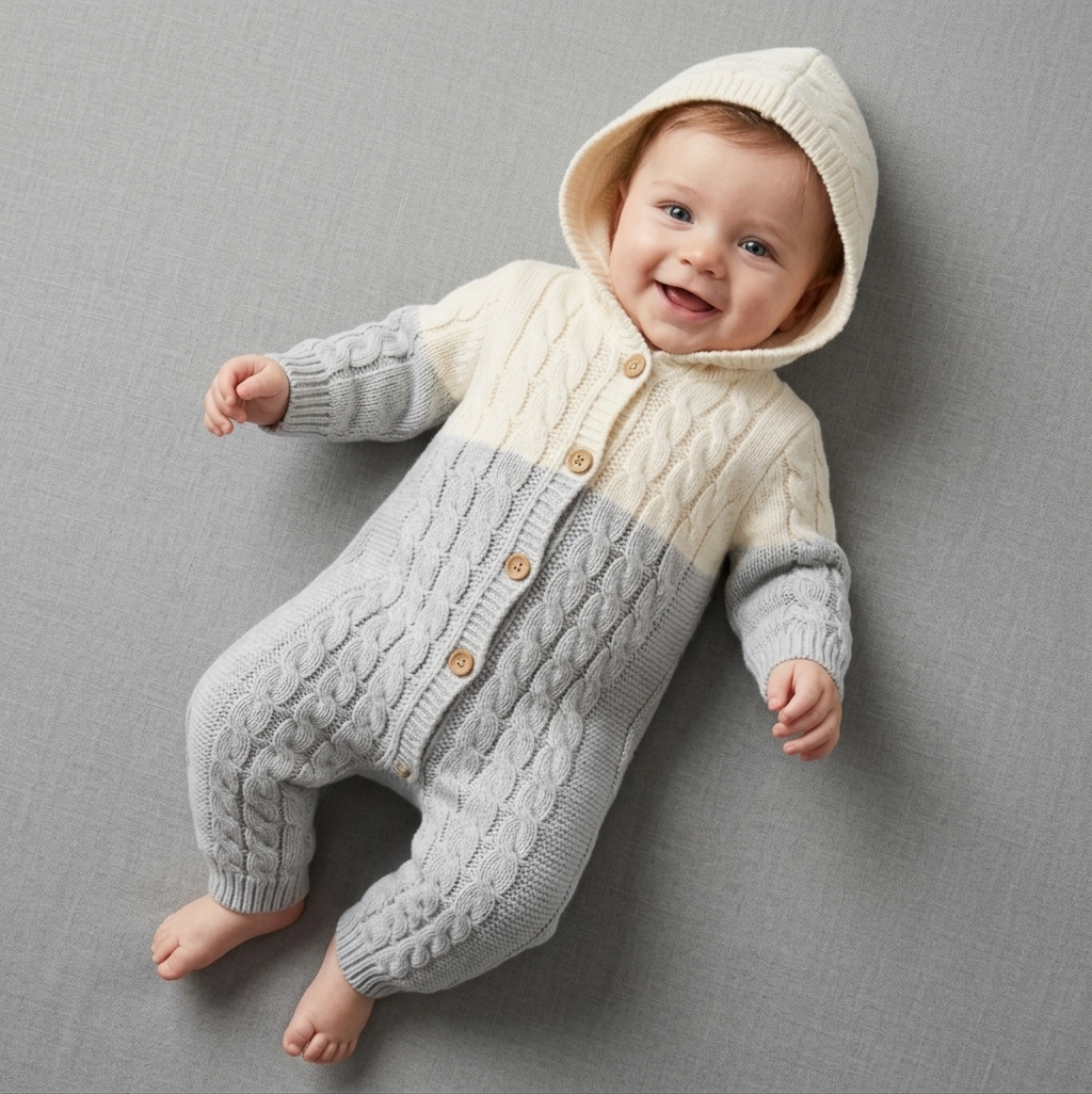 The Lucas Cable-Knit Hooded Jumpsuit – Light Gray & Cream