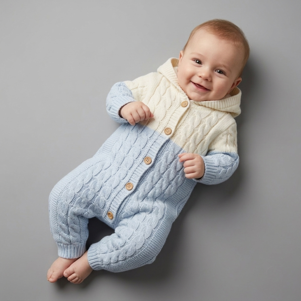 The Liam Cable-Knit Hooded Jumpsuit – Light Blue & Cream
