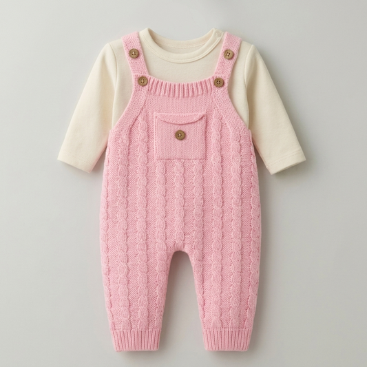 The Charlotte Cable-Knit Overall Romper Set – Soft Pink