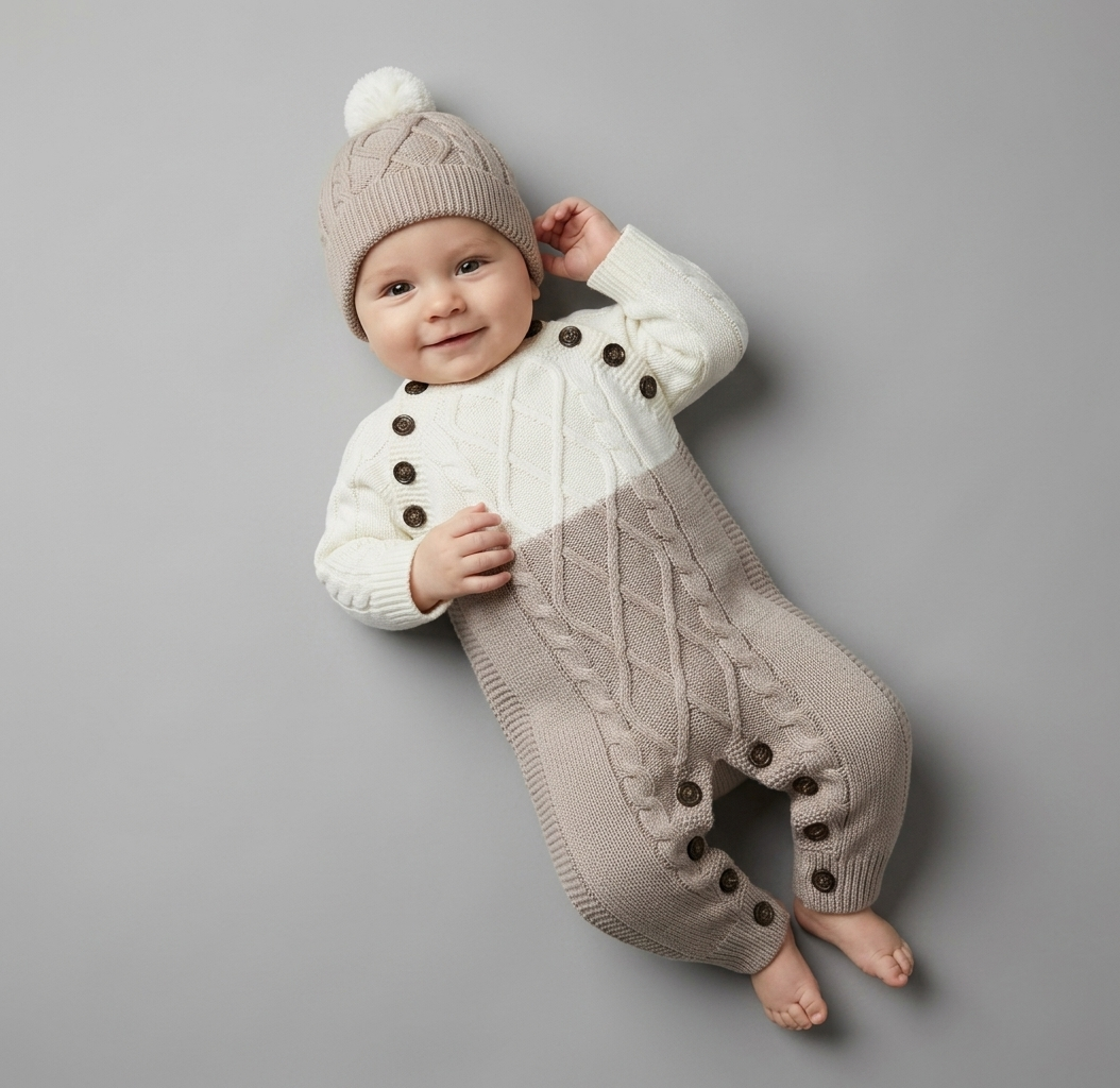 The Daniel Cable-Knit Romper & Beanie Set – Cream & Beige