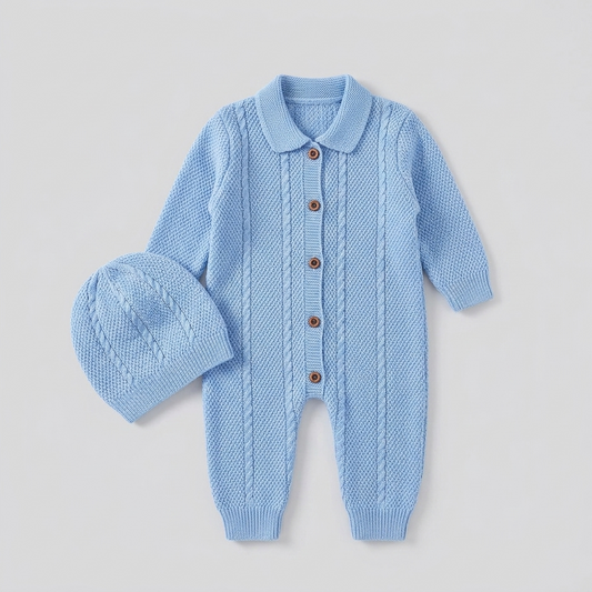 The Christopher Collared Cable-Knit Romper & Bonnet Set – Light Blue