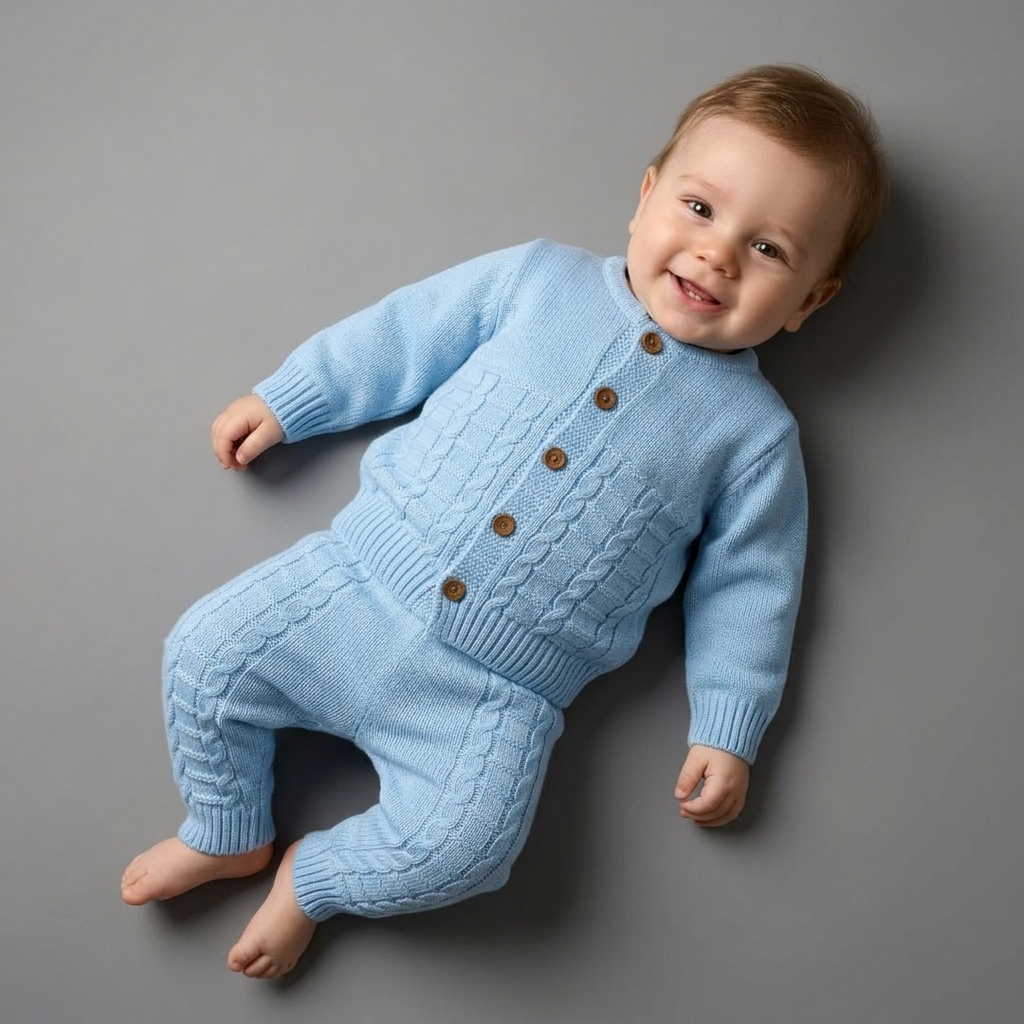 The William 2-Piece Cable-Knit Cardigan Set – Light Blue