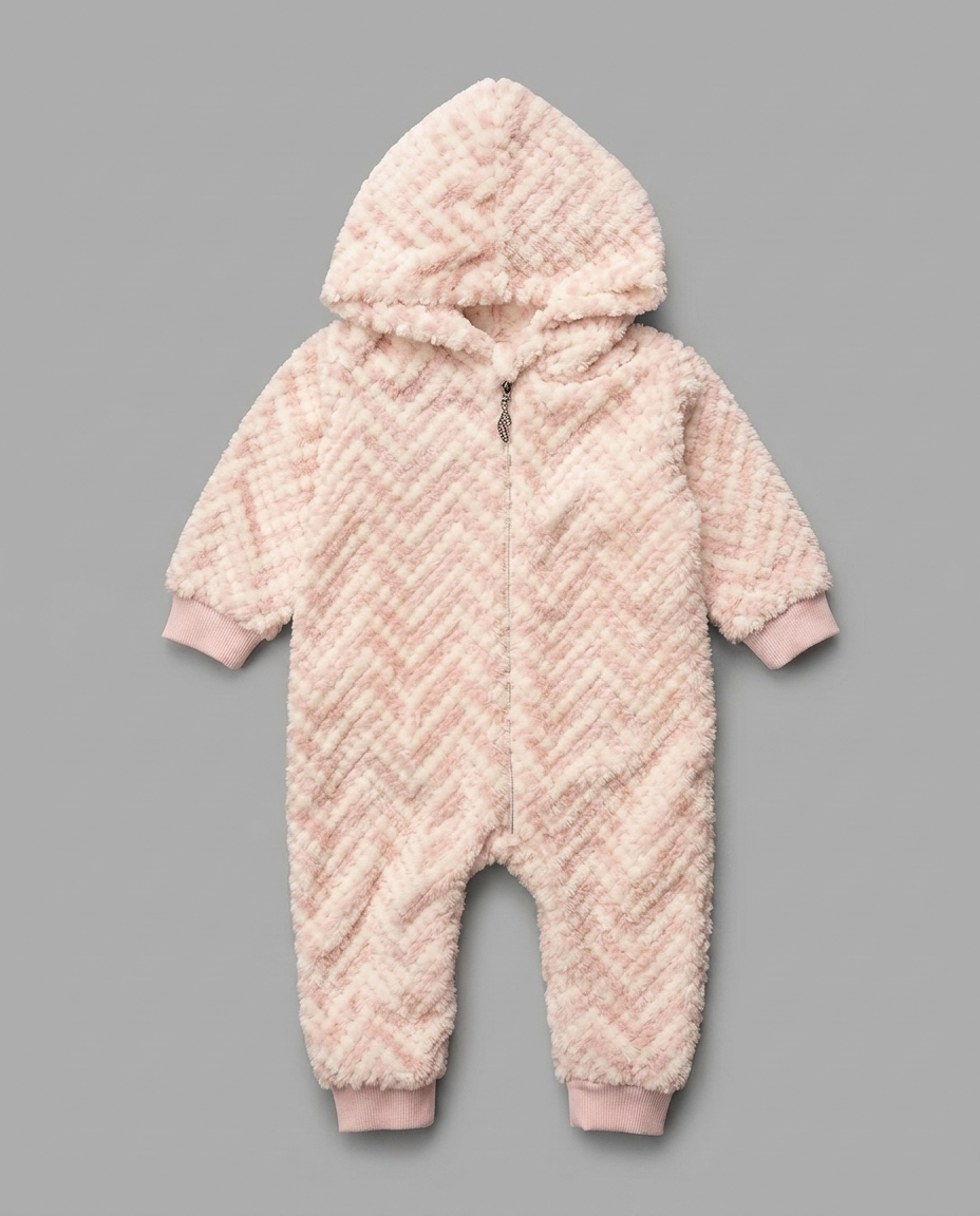 The Penelope Plush Chevron Hooded Zip Jumpsuit – Pink & Cream