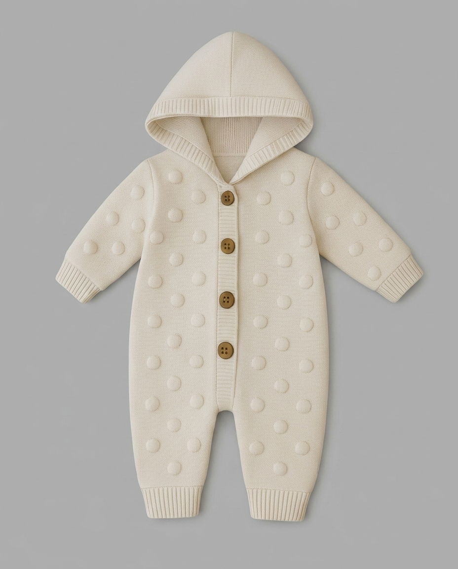 The Tobias Raised Polka Dot Hooded Knit Romper – Off-White Cream