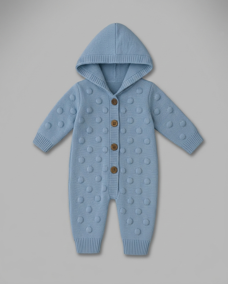 The Kieran Raised Polka Dot Hooded Knit Romper – Light Blue