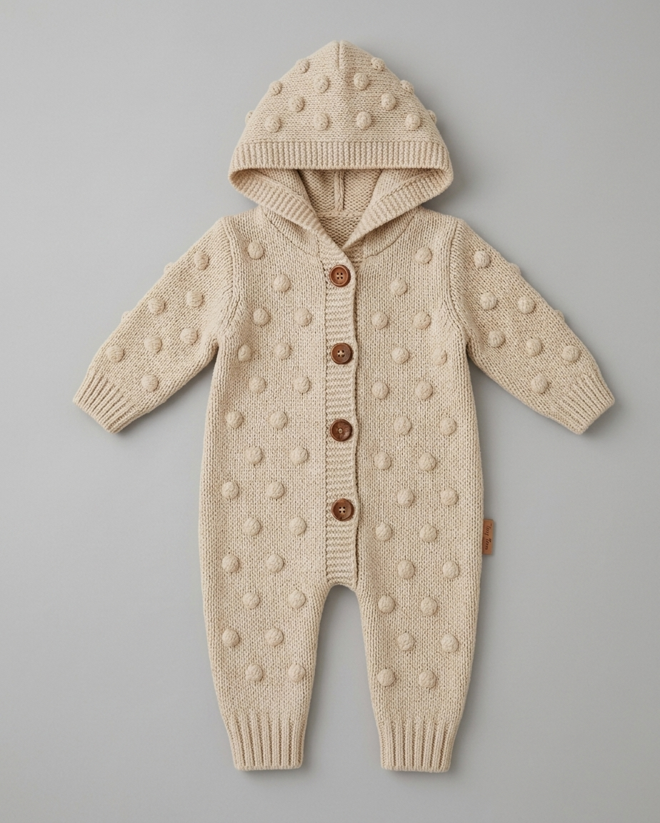 The Callan Raised Polka Dot Hooded Knit Romper – Cream Beige