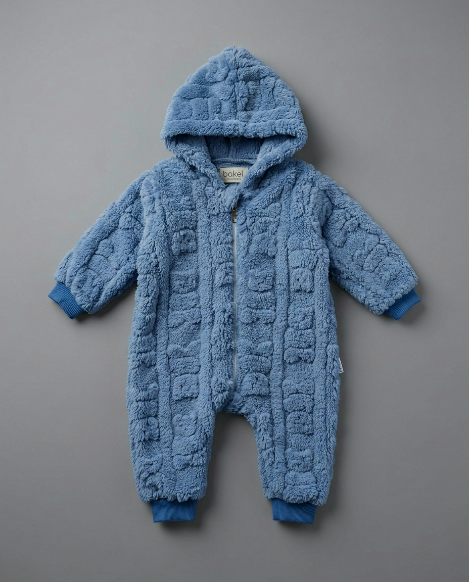 The Caspian Plush Textured Hooded Footed Romper – Light Blue