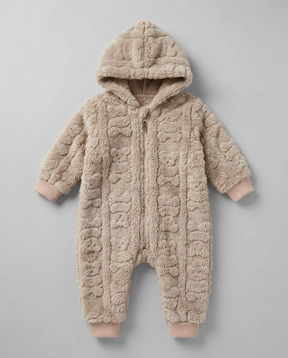 The Barrett Plush Textured Hooded Footed Romper – Taupe Beige