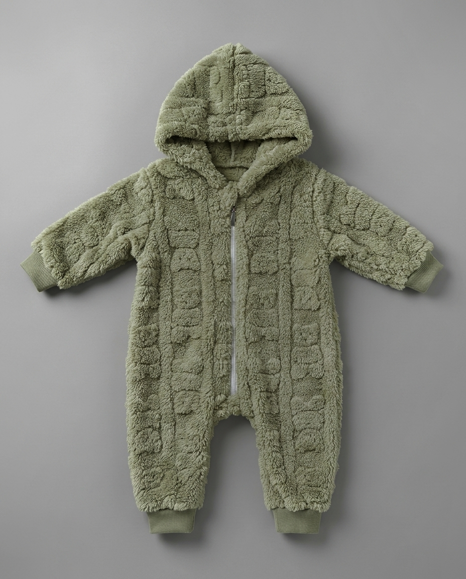 The Rowan Plush Textured Hooded Footed Romper – Sage Green