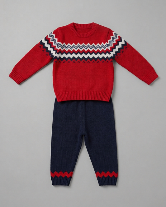 The Tristan Fair Isle Knit Sweater & Pants Set – Red & Navy