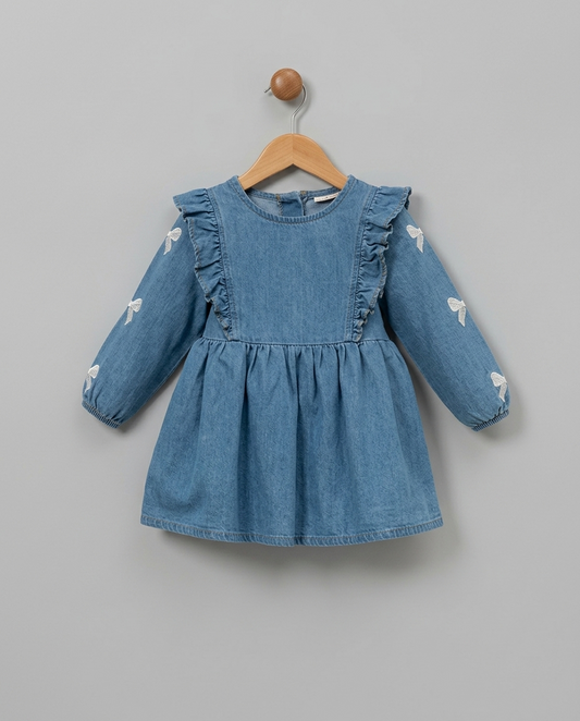 The Clementine Embroidered Denim Ruffle Dress – Blue