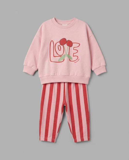 The Chloe Cherry LOVE Sweatshirt & Striped Pants Set – Light Pink & Red
