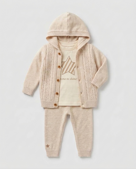 The Milo 3-Piece Hooded Knit Cardigan Set – Cream Oatmeal