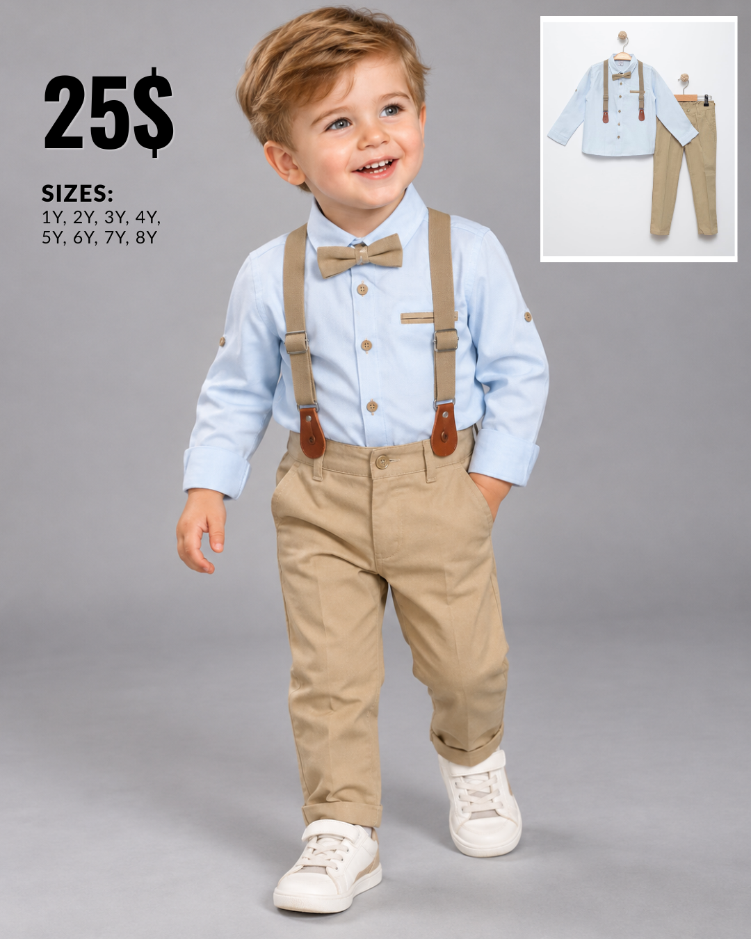 Boys Light Blue Shirt & Beige Pants Set with Bow Tie & Suspenders