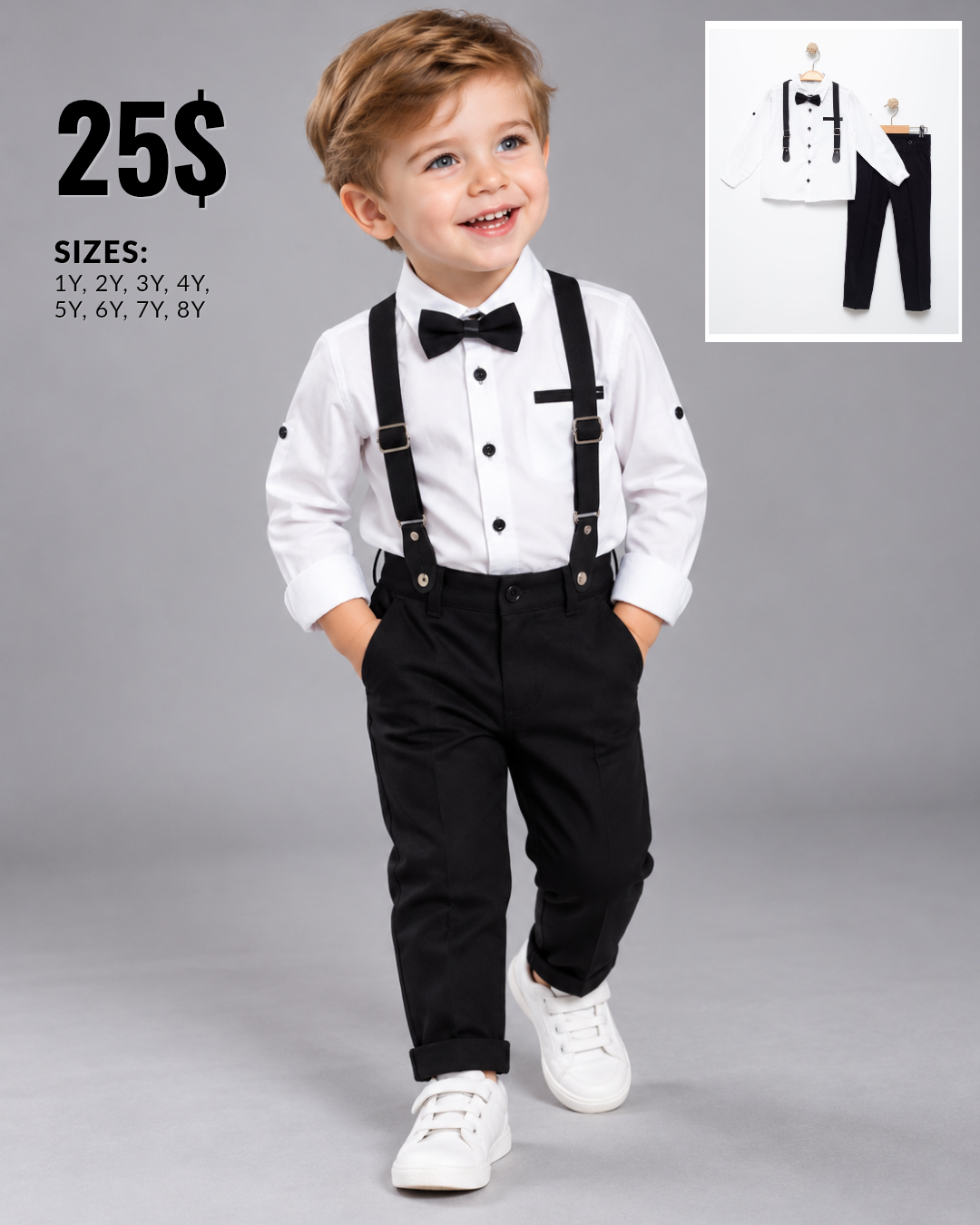 Boys White Shirt & Black Pants Set with Bow Tie & Suspenders
