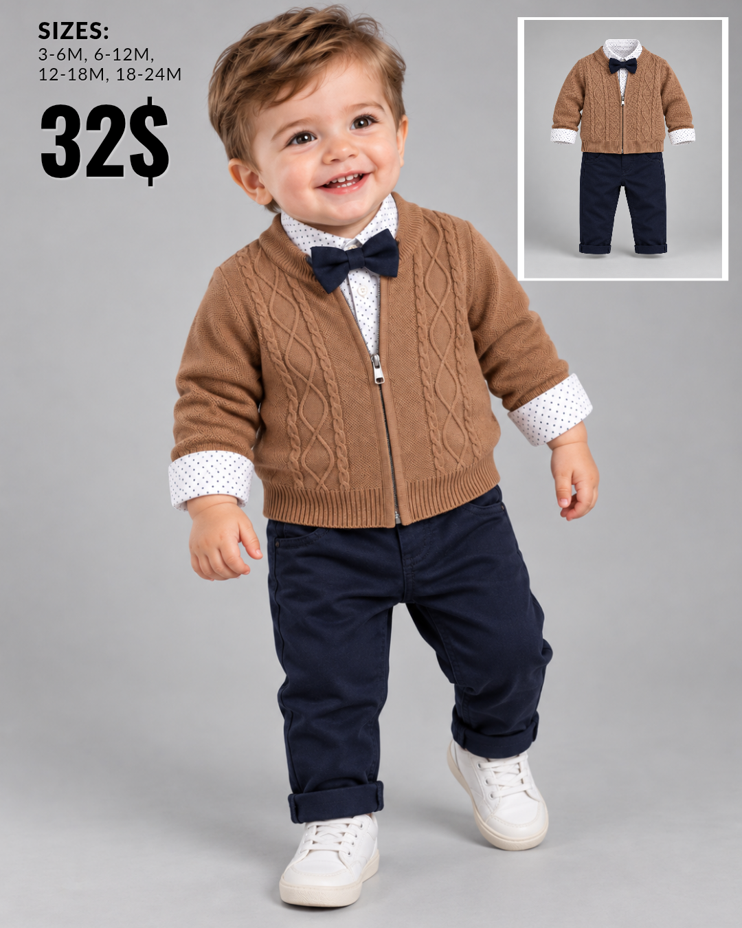 Baby Boys Camel Cable-Knit Zip Cardigan & Navy Bow Tie Outfit Set