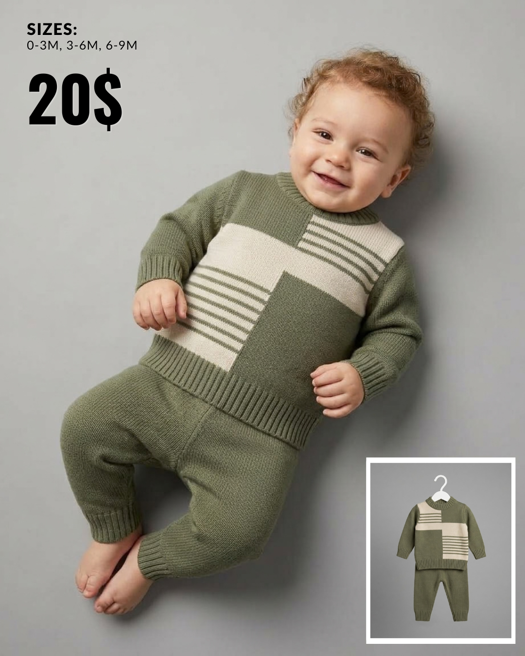 Olive Green Colourblock Knit Baby Sweater & Pants Set
