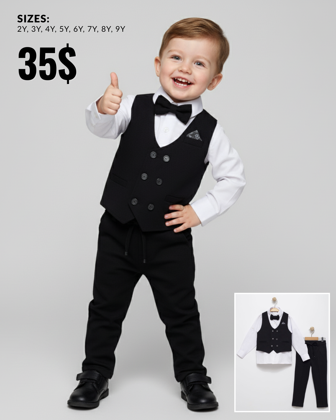 Black Baby Vest Suit – Bow Tie & Trousers