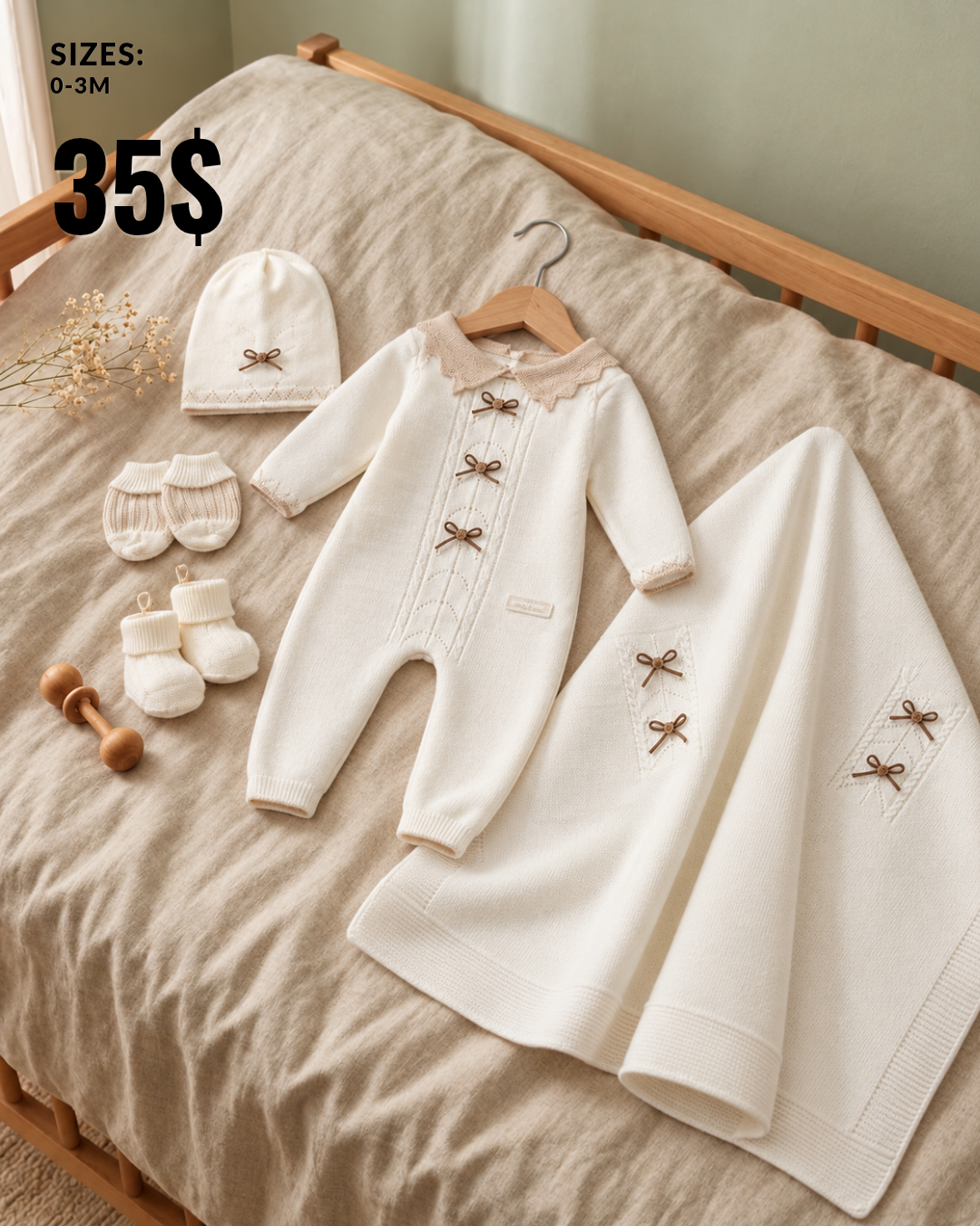 Ivory Bow 5-Piece Newborn Knit Romper & Blanket Set