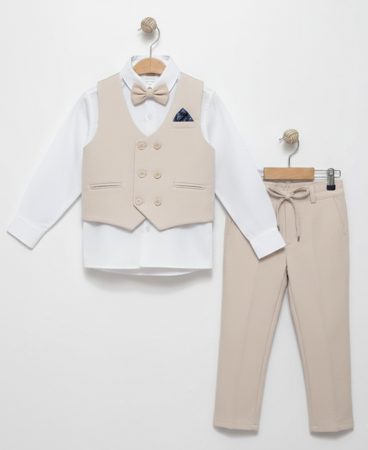 Beige Boys Formal Suit – 4-Piece Set with Gilet, Shirt, Pants & Bow Tie