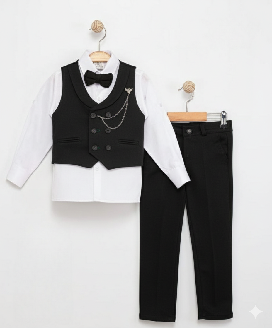 Black Boys Tuxedo Formal Suit – 4-Piece Set with Gilet, Shirt, Pants & Bow Tie