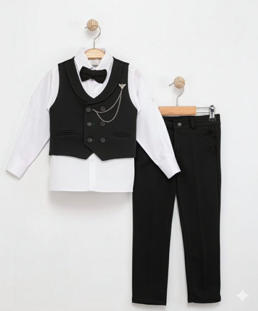 Black Boys Tuxedo Formal Suit – 4-Piece Set with Gilet, Shirt, Pants & Bow Tie