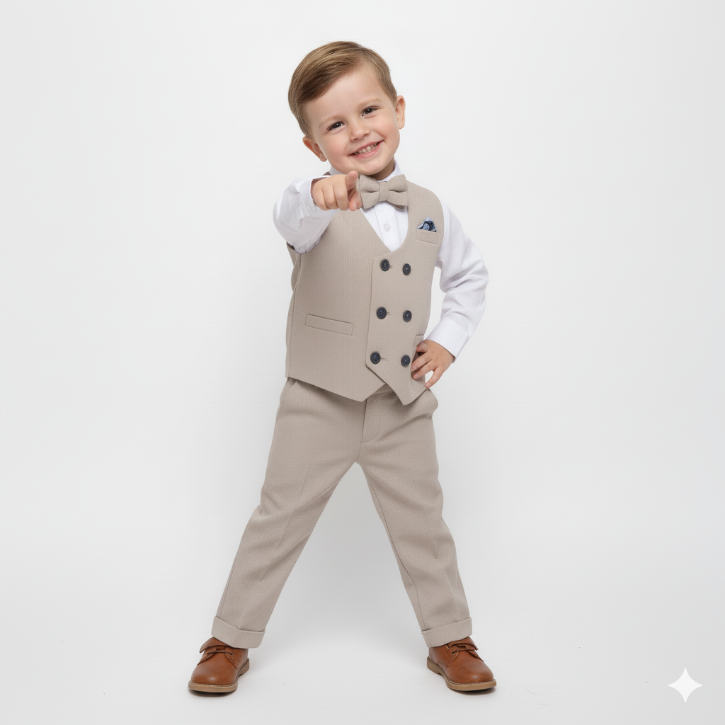 Beige Boys Formal Suit – 4-Piece Set with Gilet, Shirt, Pants & Bow Tie