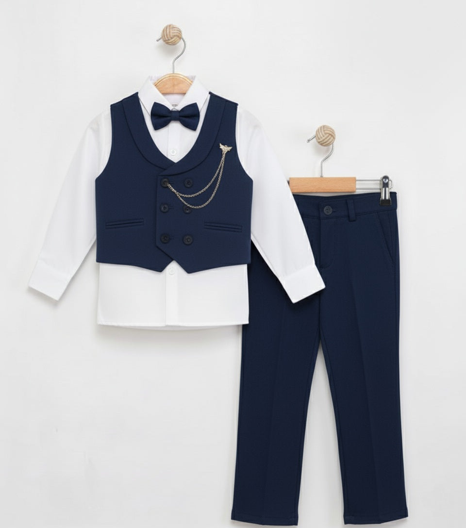 Navy Boys Tuxedo Formal Suit – 4-Piece Set with Gilet, Shirt, Pants & Bow Tie