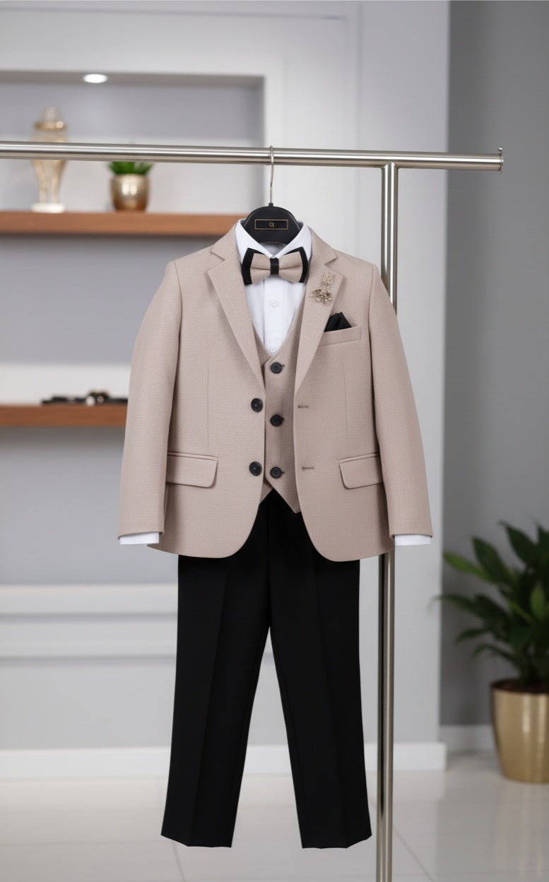 Black & Beige Boys Formal Suit – 5-Piece Set with Blazer, Gilet, Shirt, Pants & Bow Tie