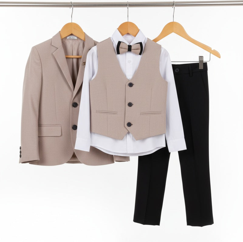 Black & Beige Boys Formal Suit – 5-Piece Set with Blazer, Gilet, Shirt, Pants & Bow Tie