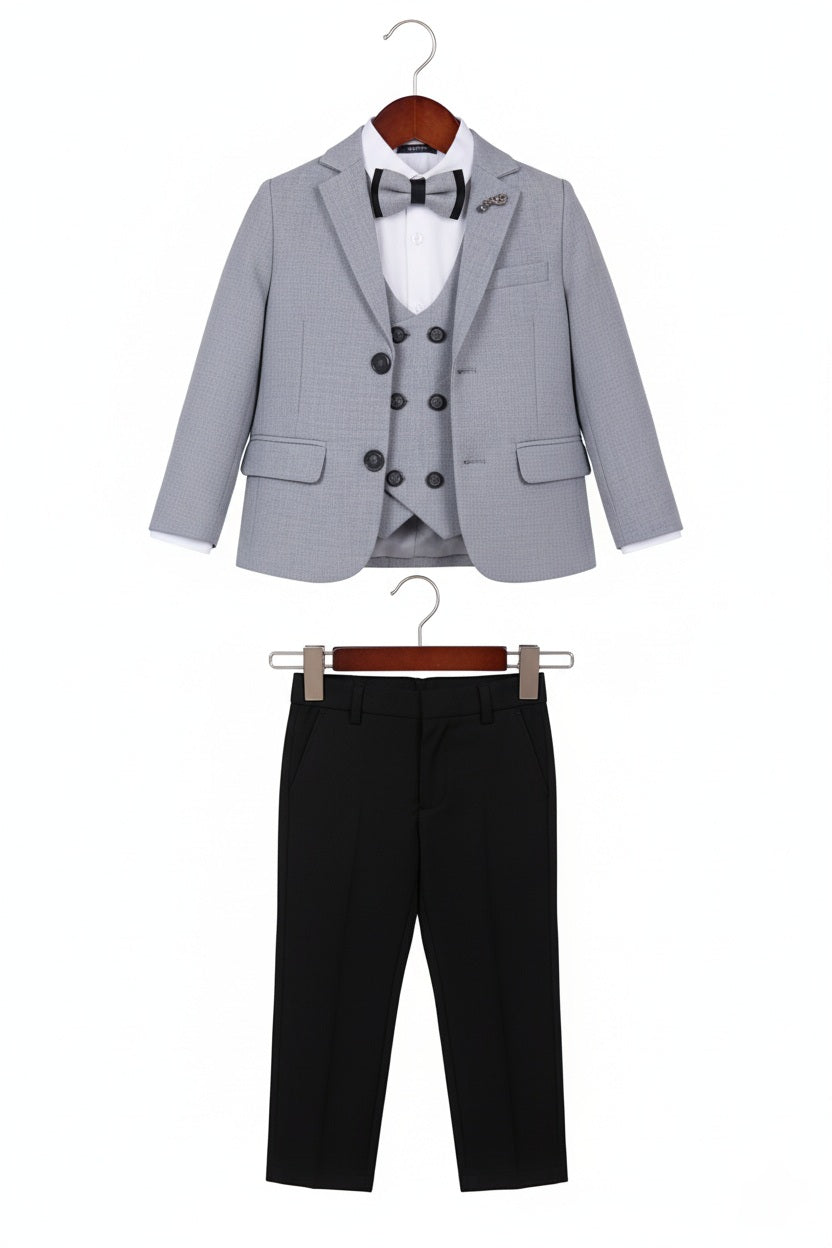 Black & Gray Boys Formal Suit – 5-Piece Set with Blazer, Gilet, Shirt, Pants & Bow Tie