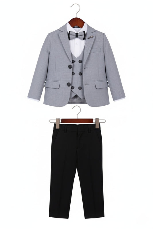 Black & Gray Boys Formal Suit – 5-Piece Set with Blazer, Gilet, Shirt, Pants & Bow Tie