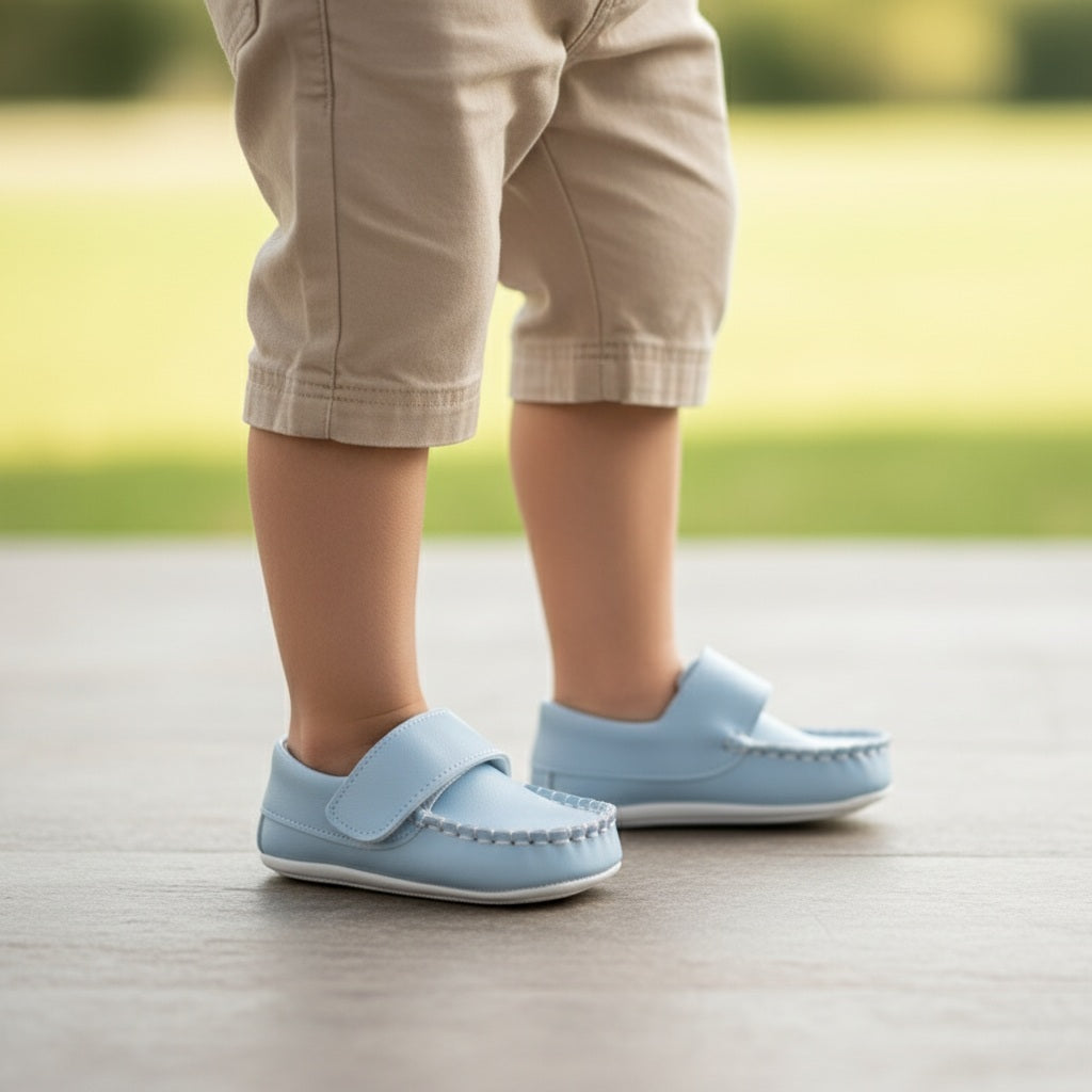 Vintage-Inspired Light Blue Baby Moccasins – Soft Leather Slip-On Shoes for Infants & Toddlers