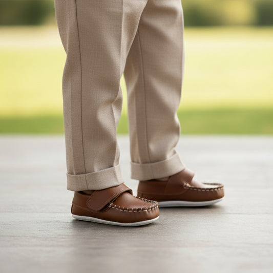 Vintage-Inspired Brown Baby Moccasins – Soft Leather Slip-On Shoes for Infants & Toddlers