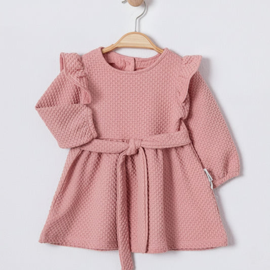 Pink Waffle-Knit Baby Dress – Long Sleeve Belted Outfit with Ruffled Shoulders
