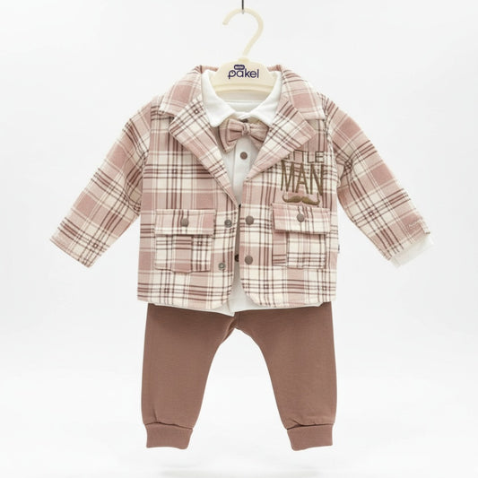 Plaid “Little Man” Baby Outfit – Double-Breasted Jacket, Bow Tie & Pants Set for Special Occasions