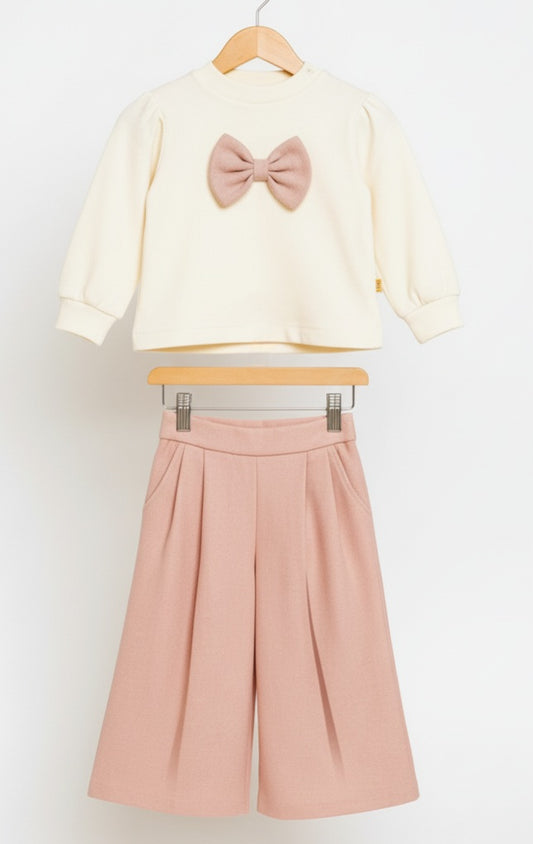 Cream & Blush Pink Baby Girl Outfit – Bow Accent Top with Pleated Palazzo Pants