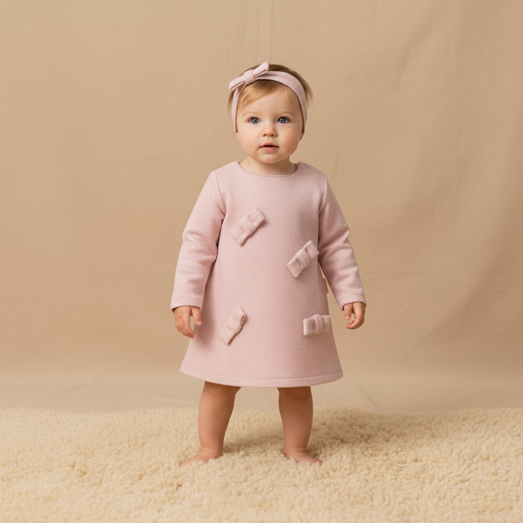 Light Pink Baby Girl Dress – A-Line Bow Accent Outfit with Matching Headband