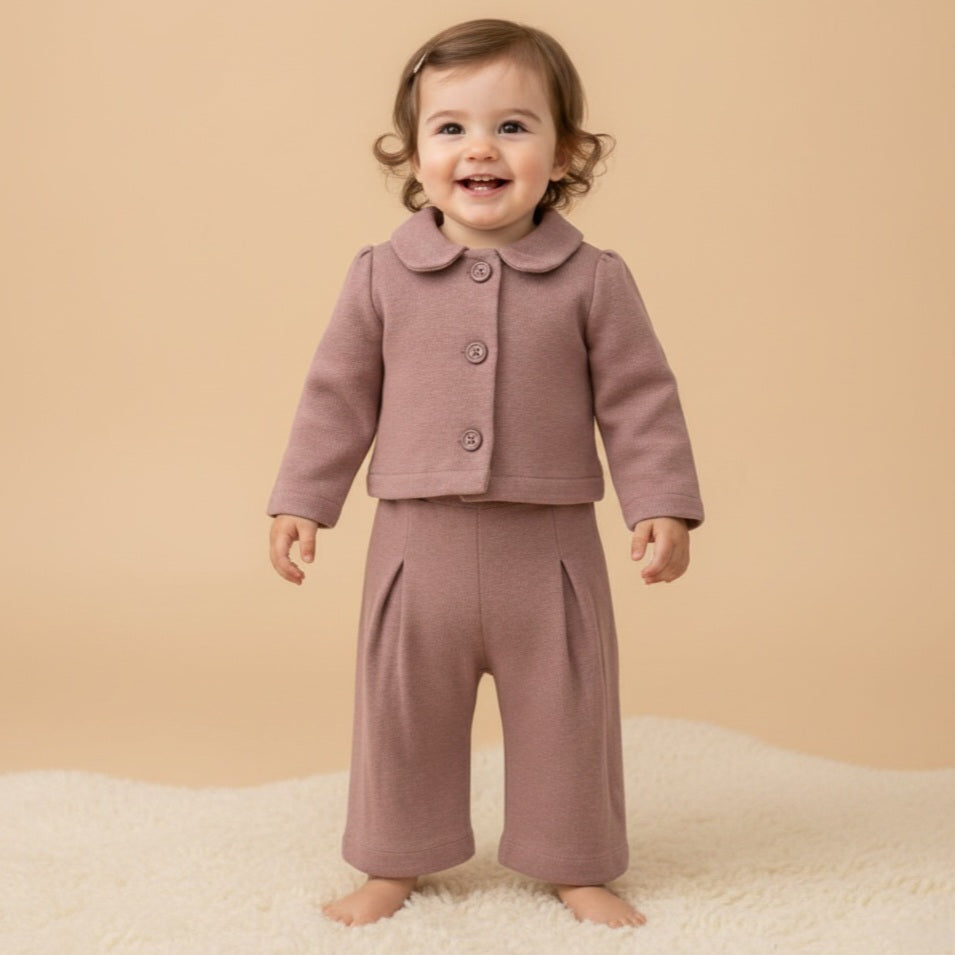 Muted Mauve Toddler Outfit – Soft Textured Jacket & Pleated Pants Set for Fall/Winter