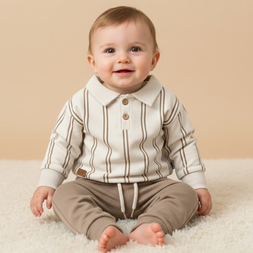 Cream & Brown Baby Boy Outfit – Striped Shirt with Buttons & Light Brown Drawstring Pants