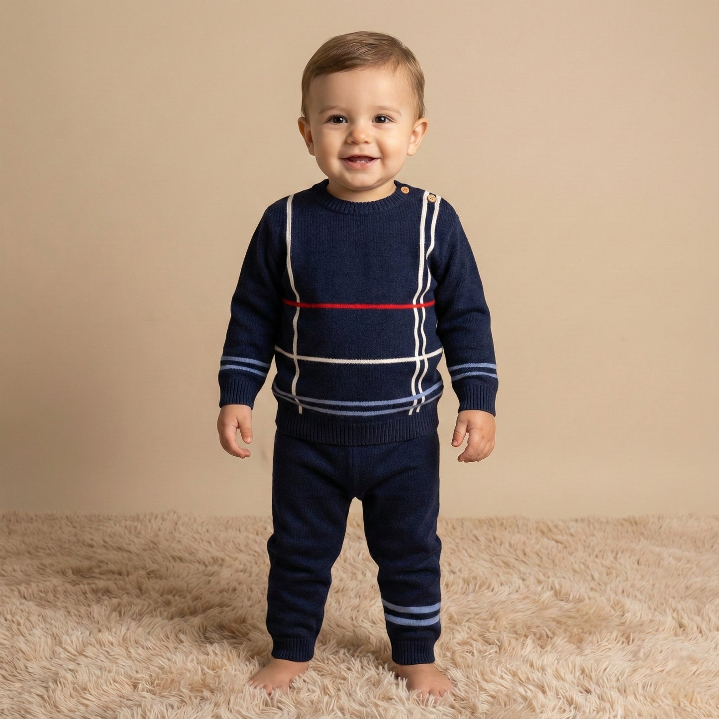 Navy Knitted Baby Outfit – Grid Sweater & Pants Set with Light Blue Accents