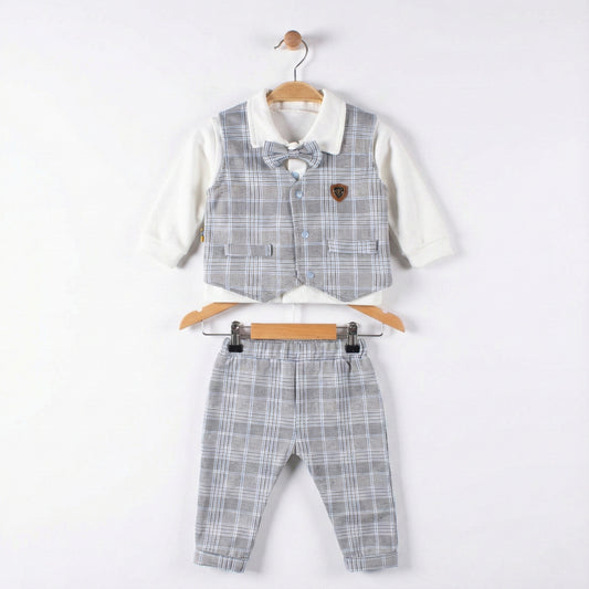 Gray Plaid Baby Boy Formal Outfit – Vest, Bow Tie, Shirt & Pants Set