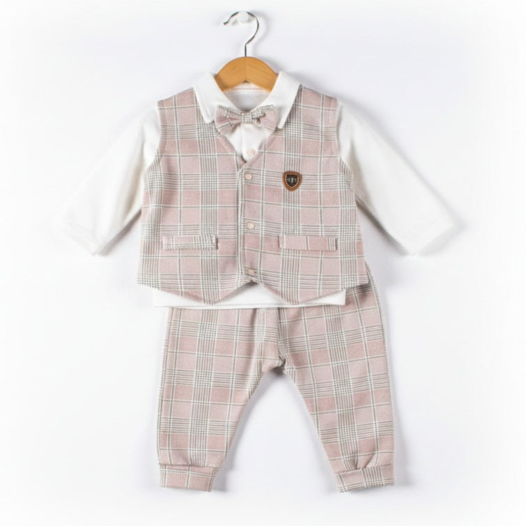Beige Plaid Baby Boy Formal Outfit – Vest, Bow Tie, Shirt & Pants Set