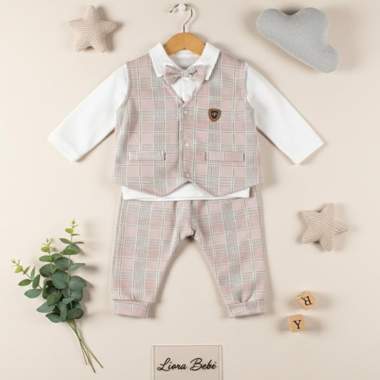 Beige Plaid Baby Boy Formal Outfit – Vest, Bow Tie, Shirt & Pants Set