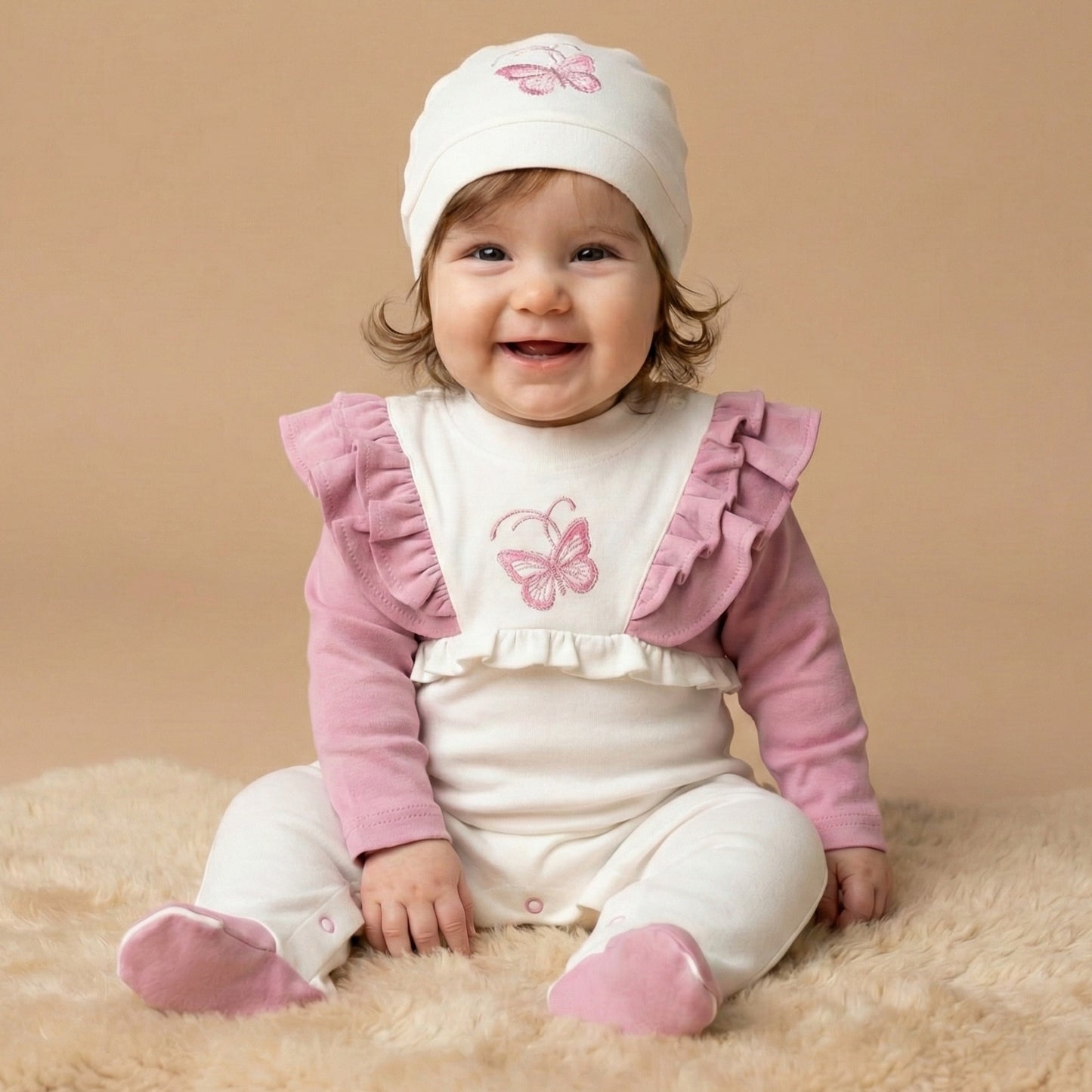 Butterfly Baby Girl Outfit – 2-Piece Set with Ruffled Romper & Matching Hat