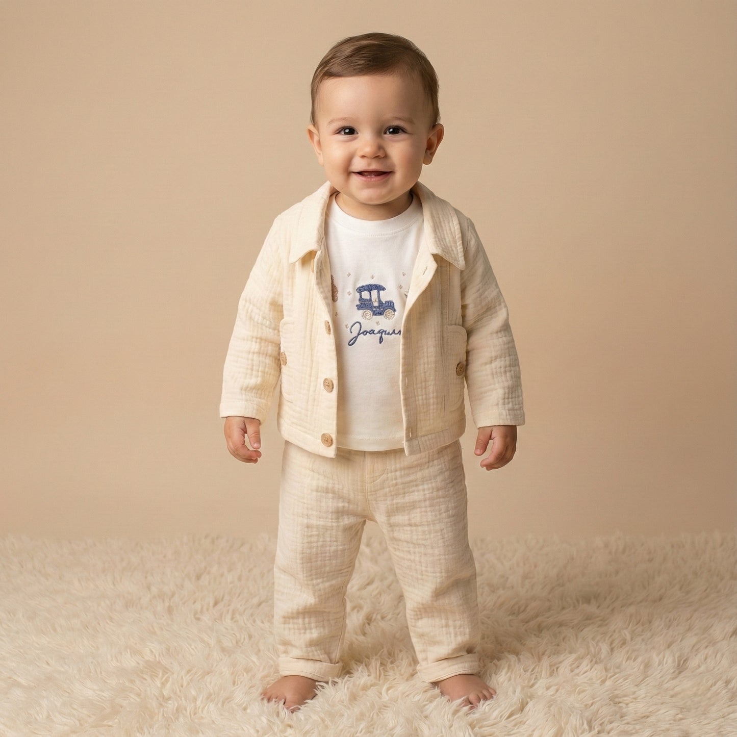 Cream Textured Toddler Outfit – 3-Piece Set with Jacket, Pants & Graphic Tee