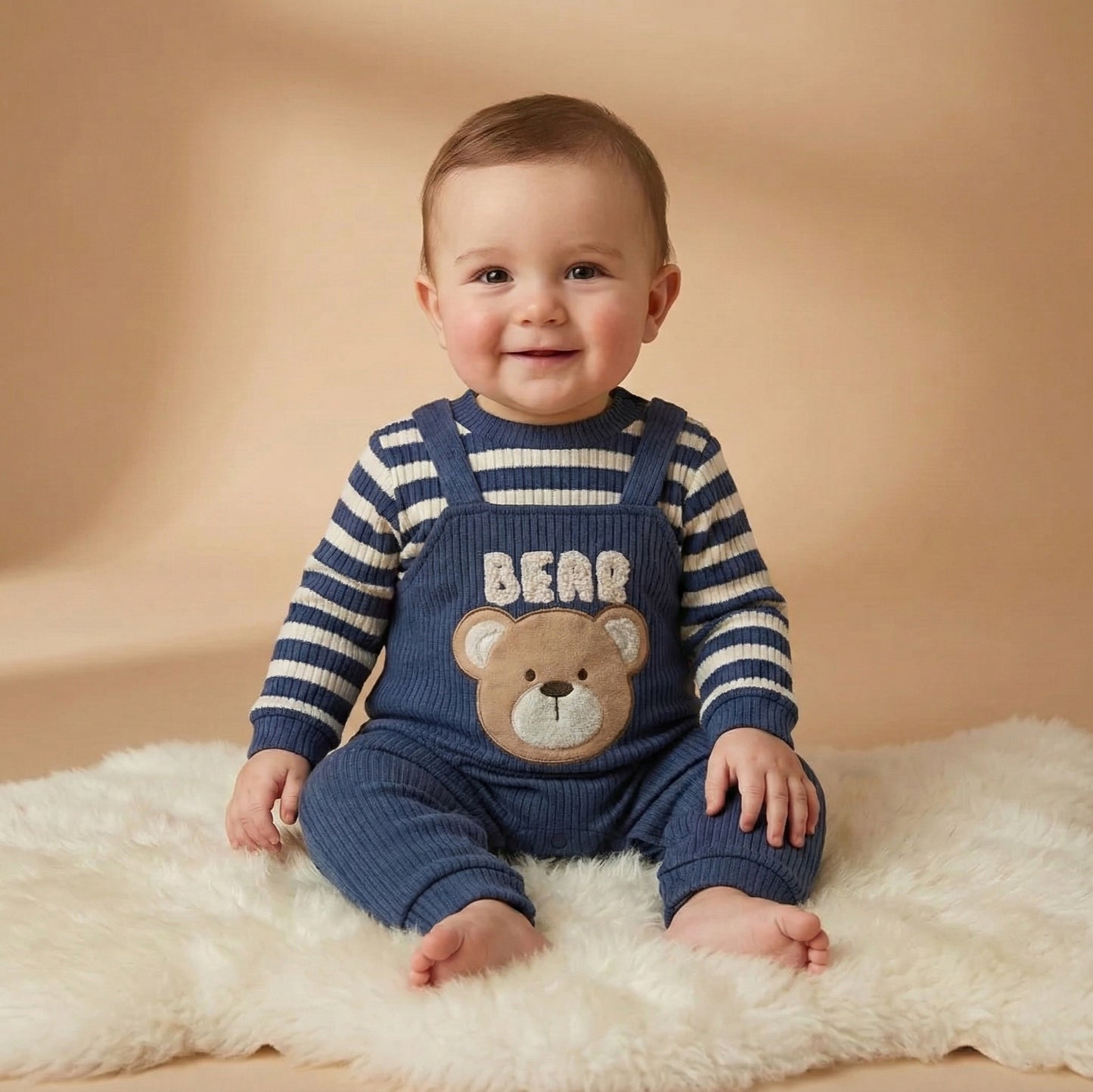“Bear” Baby Boy One-Piece – Navy Ribbed Overall with Striped Sleeves & Embroidered Detail