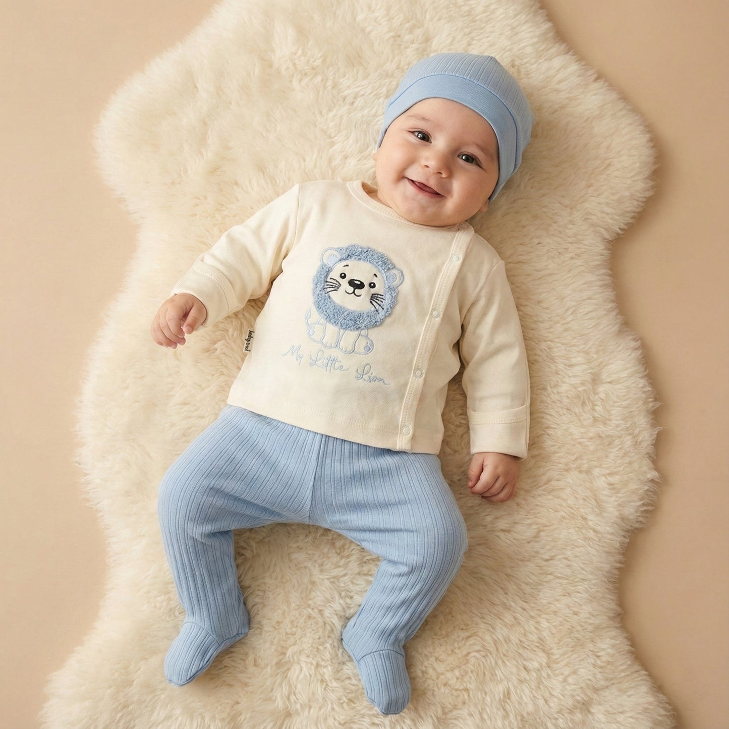 “My Little Lion” Baby Boy Outfit – 3-Piece Set with Embroidered Shirt, Ribbed Pants & Vest