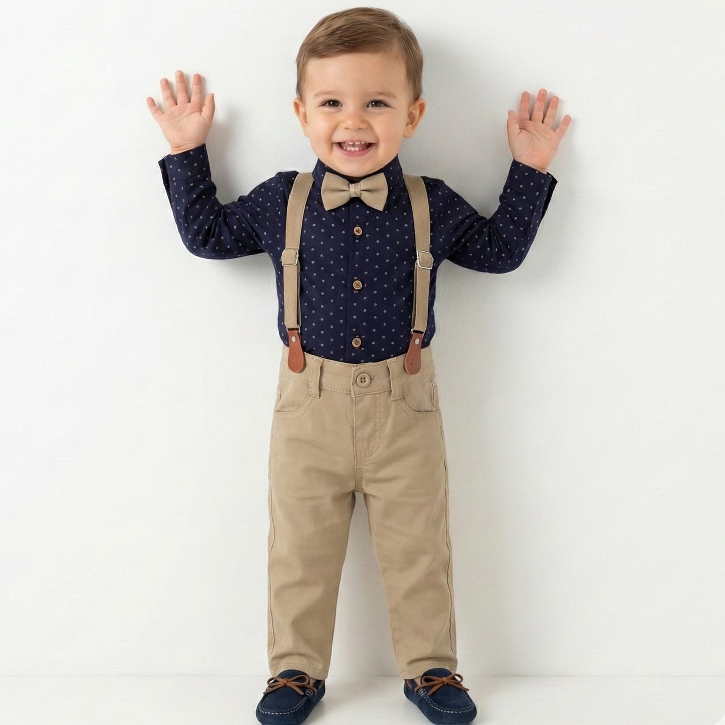 Navy Dot Bodysuit & Beige Pants Set